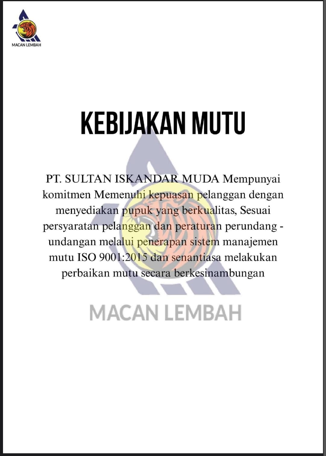 Kebijakan Mutu Pupuk Macan Lembah